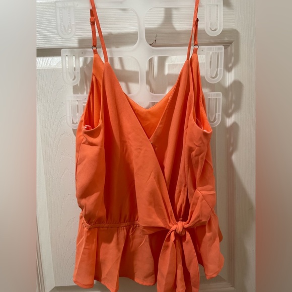 Bright coral peplum tank top with surplice neckline and tie - Picture 3 of 4